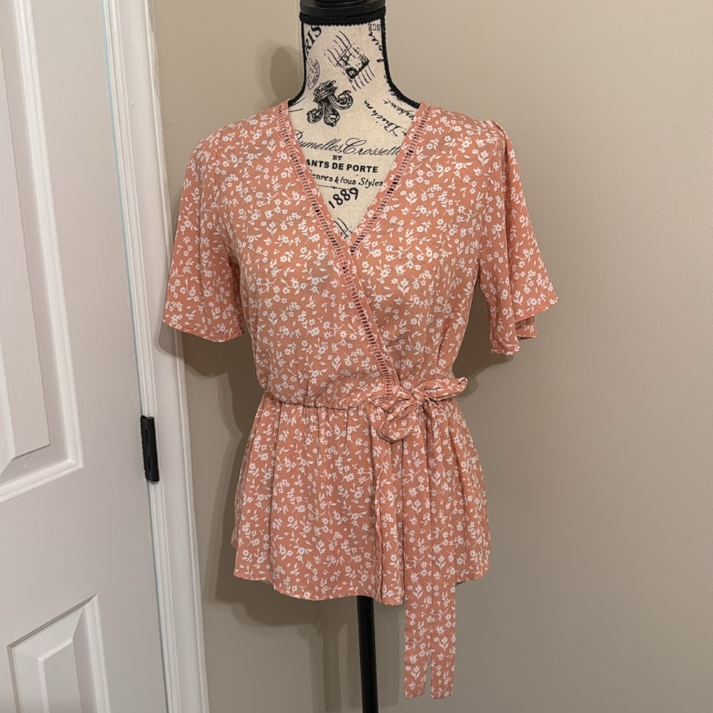 Blush Pink Side Tie V-Neck Blouse